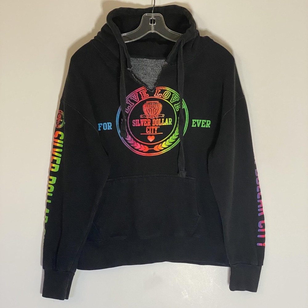 Silver Dollar‎ City Hoodie Womens Large Black Rainbow Live Love Graphic Colorful